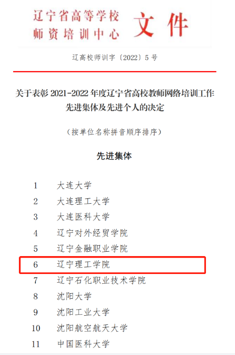 澳门永利荣获辽宁省高校教师网络培训工作先进集体